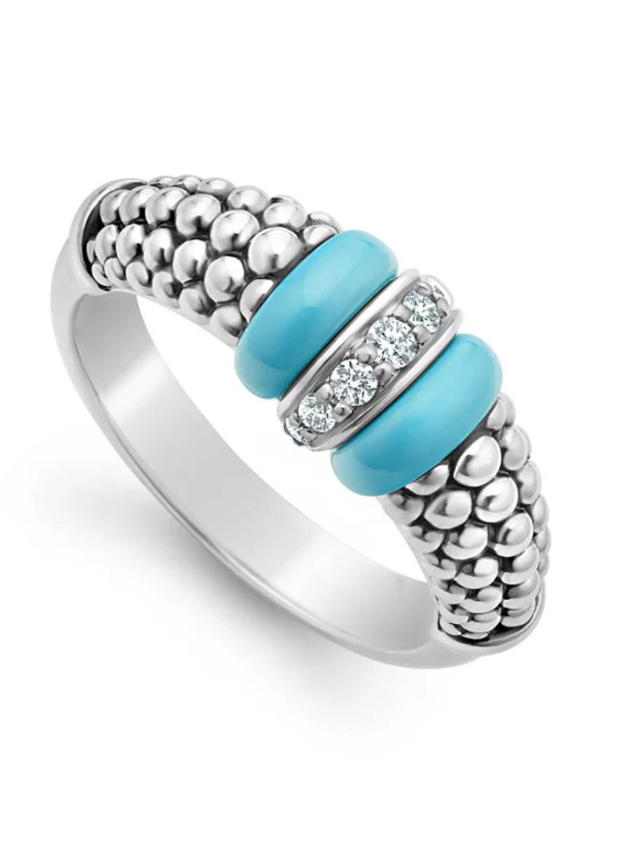 Small Sterling Silver & Blue Ceramic Caviar Diamond Ring From Lagos Size 6